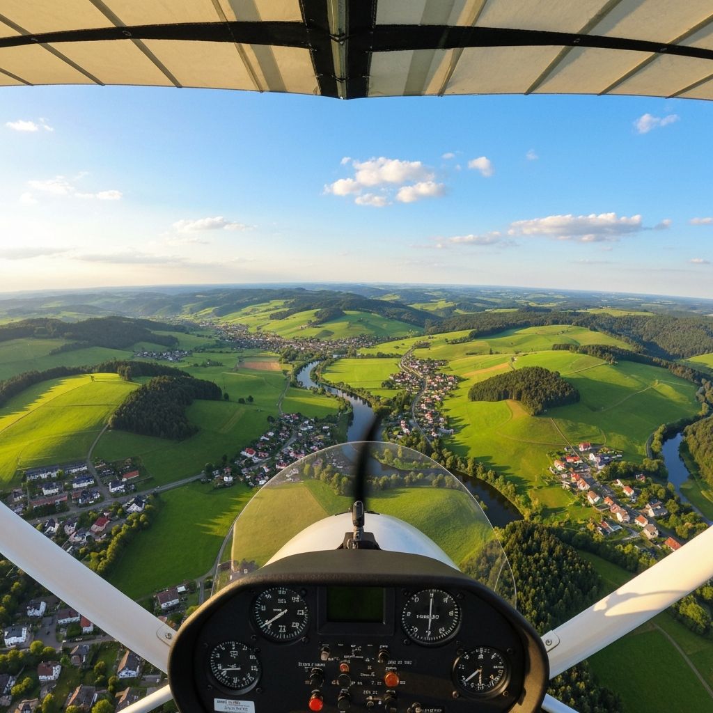 Blick aus dem Cockpit eines Ultraleichtflugzeugs über grüner Landschaft